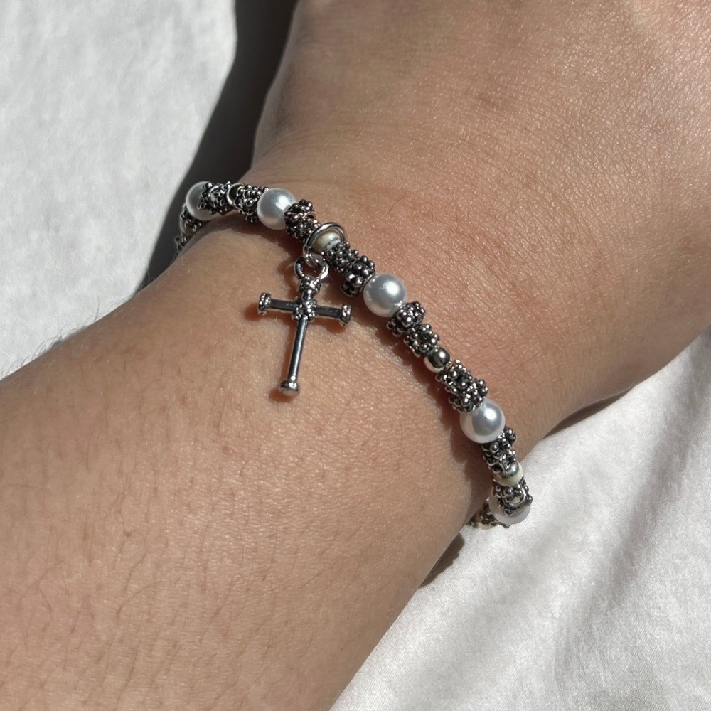 Silver/White Cross Charm Religious Bracelet OS Christian Core Spiritual Chic